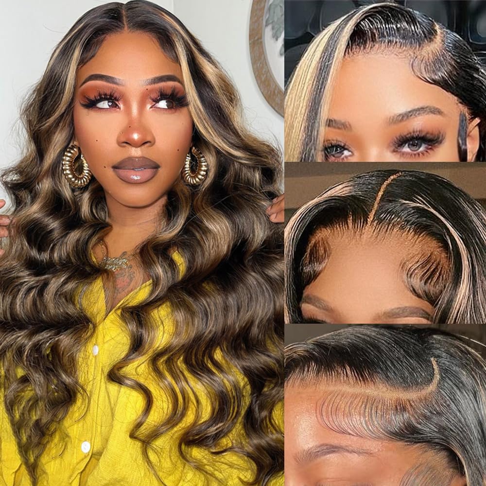 Yeonmi Highlight Lace Front Wig Human Hair Pre Plucked 13x4 1B/27 Body Wave Ombre Lace Front Wigs Human Hair 180% Density HD Lace Colored Wigs Balayage Wig Human Hair Glusless Wigs Human Hair 24 Inch